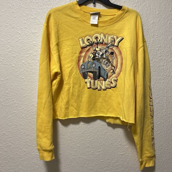 looney tunes large cropped sweater yellow l crew neck 90s Retro 80s Y2k r1 - Picture 1 of 11